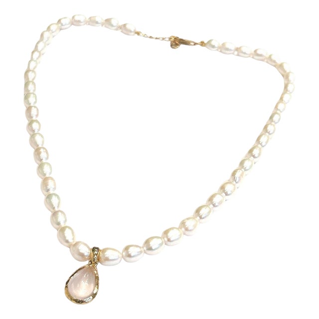 Bochic "Capri" Vintage Pearl & Pink Quartz Necklace Set 18K Gold & Silver For Sale