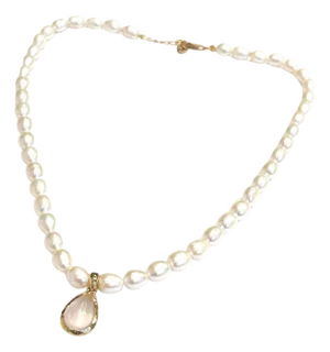 Bochic "Capri" Vintage Pearl & Pink Quartz Necklace Set 18K Gold & Silver