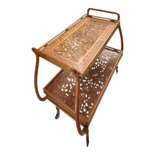 Late 20th Century Tea Cart Hand-Carved Wood Floral Design With Glass Top Vintage Asian Style For Sale
