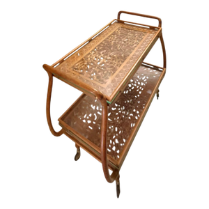 Late 20th Century Tea Cart Hand-Carved Wood Floral Design With Glass Top Vintage Asian Style