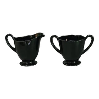 Mid 20th Century Vintage Art-Deco Ebony Black Glass Creamer & Sugar Set For Sale