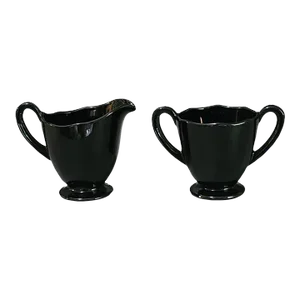 Mid 20th Century Vintage Art-Deco Ebony Black Glass Creamer & Sugar Set
