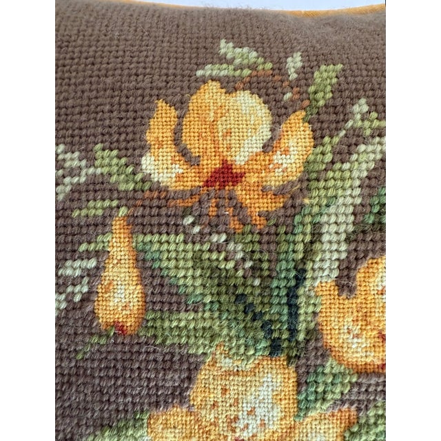 Vintage Hand-Stitched Floral Needlepoint Pillow With Golden Velvet Back For Sale - Image 4 of 6
