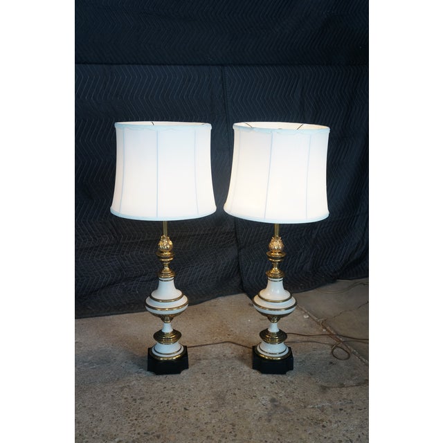 Mid 20th Century Stiffel Hollywood Regency Empire White Enamel & Brass Buffet Table Lamps - Pair For Sale - Image 13 of 18
