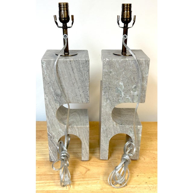 Modern 1980s Italian Sculptural Gray Marble Architectural Table Lamps - a Pair For Sale - Image 3 of 16