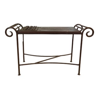 1970s Vintage Hand-Carved Wood and Wrought Iron Console Table With Tribal Motifs and Scrollwork Arms For Sale