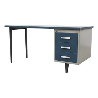 Gispen Industrial "7804" Desk With Blue Drawer Fronts and Linoleum Writing Top For Sale