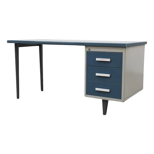 Gispen Industrial "7804" Desk With Blue Drawer Fronts and Linoleum Writing Top For Sale