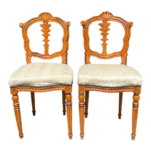 Antique French Carved Upholstered Wood Grotto Shell Motif Chairs - a Pair