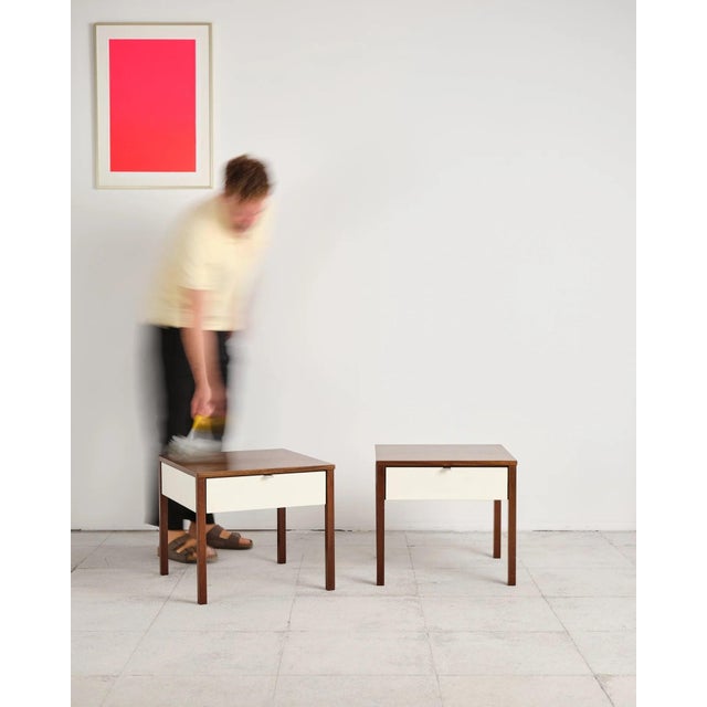 Dimensions: approx. 50 × 49 × 45 cm (width × depth × height) Rare pair of original bedside tables, designed by Florence...