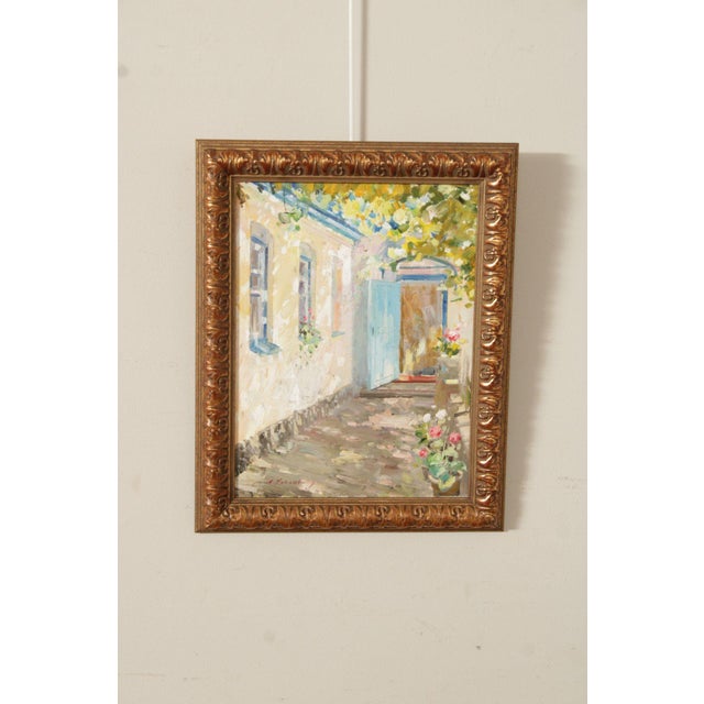 Quality Custom Framed Oil on Canvas Painting of a Shady Courtyard with Open Door and Potted Flowers, Signed Bottom Left