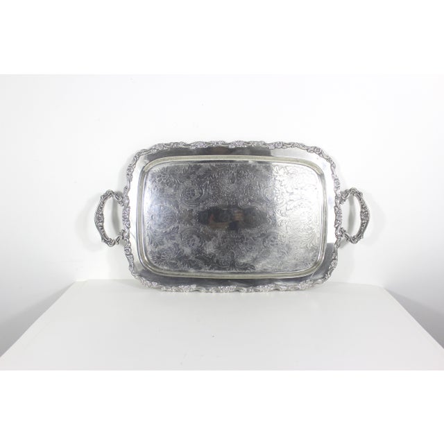Extra large vintage rectangular silver plated tray with gorgeous floral detail around the edge and ornate flower handles,...