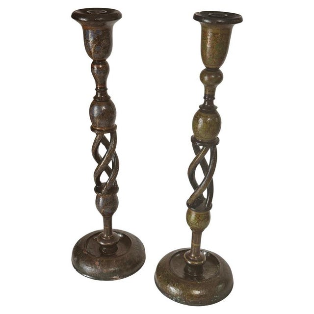 French Hand-Painted Wooden Candlesticks, 1970s, Set of 2 For Sale - Image 12 of 12
