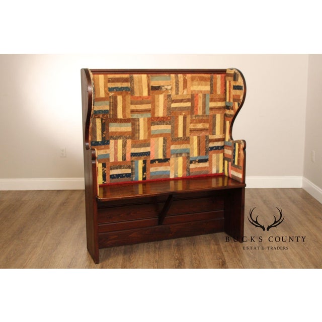 High Quality Custom Crafted Vintage Pine Settle Bench with Quilted Back Rest