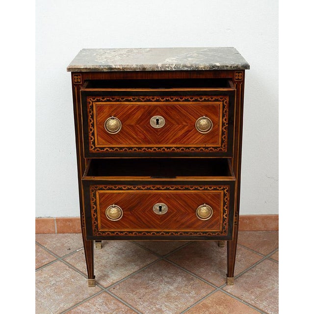Antique 18th Century Louis XVI Neapolitan Chest of Drawers in Exotic Woods with Marble Top For Sale - Image 3 of 7