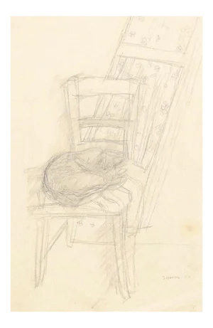Cat on the Chair - Original Pencil on Paper by Jeanne Daour - 1944 1944