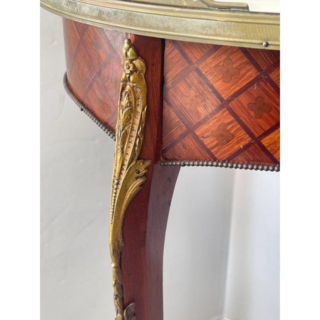 French Marquetry, Brass Gallery & Marble Top Gueridon Table, Early 20Th. C For Sale - Image 11 of 18