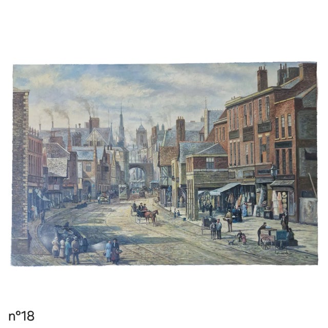 Oil on canvas depicting a street scene with three figures around a vendor cart. One figure stands facing two others...