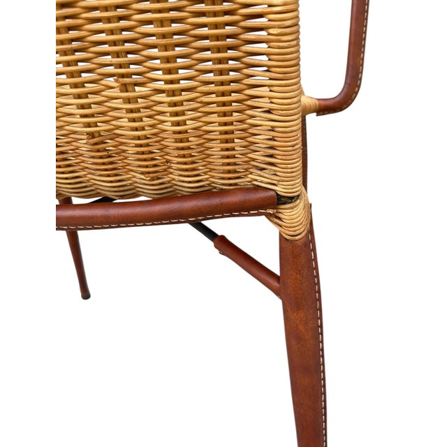Wood Stitched Leather and Rattan Armchairs by Jacques Adnet, 1950s, Set of 2 For Sale - Image 7 of 10