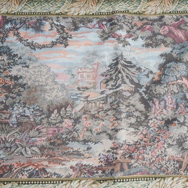 A contemporary scenic tapestry from the 20th century. This piece features a detailed landscape scene with lush foliage,...