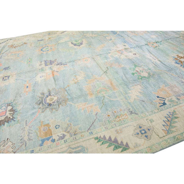 Textile Modern Turkish Oushak Blue Handmade Floral Oversize Wool Rug For Sale - Image 7 of 11