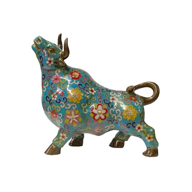 Figurative Vintage Metal Turquoise Blue Enamel Cloisonné Ox Figurine For Sale - Image 3 of 5