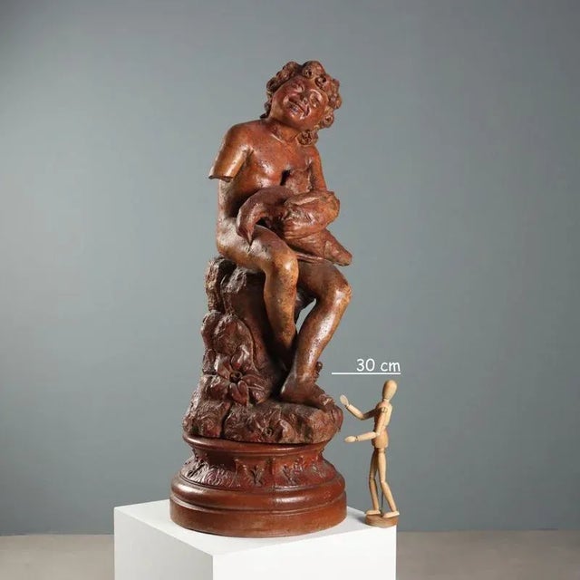 Boy with Dove on Stand in Terracotta For Sale - Image 3 of 10
