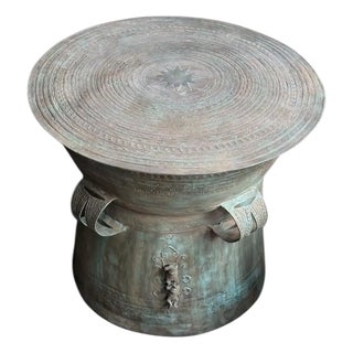 Monumental Cast Bronze Rain Drum Side Table Sculptural Patinated Finish For Sale