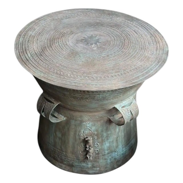 Monumental Cast Bronze Rain Drum Side Table Sculptural Patinated Finish For Sale