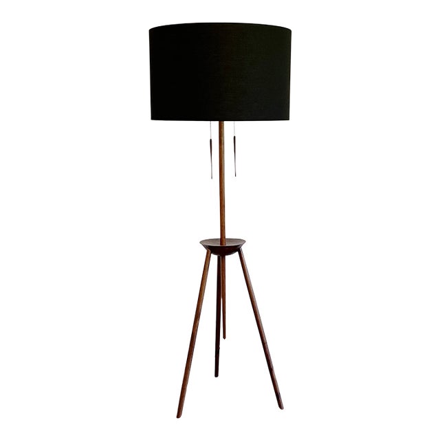 BDDW Tripod Floor Lamp in Claro Walnut With Black Linen Shade For Sale