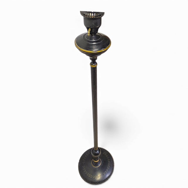 Vintage French Empire Hurricane Lamp Style Black Floor Lamp With Toleware Shade For Sale In Palm Springs - Image 6 of 10