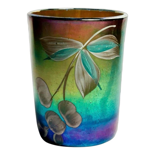 Small Antique Highly Iridescent Art Nouveau Glass Vase W/ Enameled Floral Decor For Sale