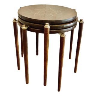 Vintage Mid-Century Modern Round Stacking, Drinks Side Tables With an Abstract ‘Atomic Ranch’ Design on Top & Brass Fittings at the Legs- Set of 3 For Sale