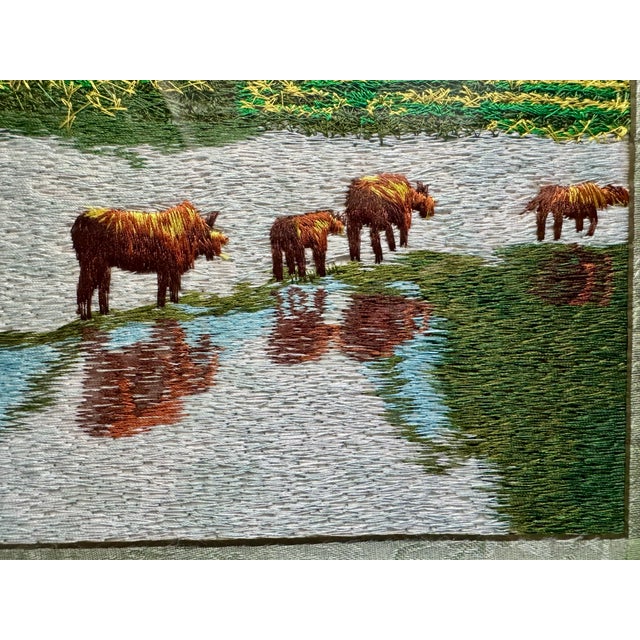 A finely hand-stitched Vietnamese silk embroidery, c. 1980s–90s, showing a farmer in a straw hat leading a line of water...