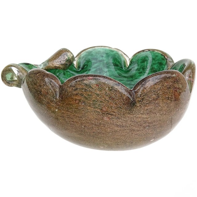 Beautiful vintage Murano hand blown green with aventurine flecks Italian art glass personal ashtray, decorative bowl. The...