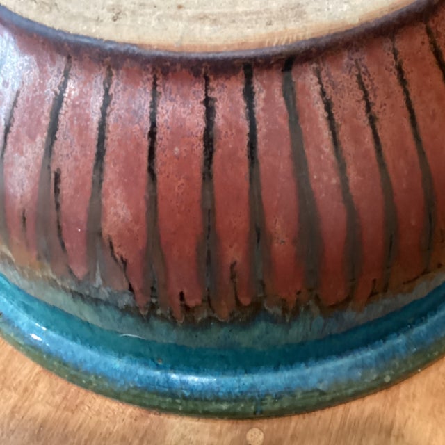 Blue Vintage Large and Heavy Copper Green With Drip Glaze Ceramic Low Bowl Planter For Sale - Image 8 of 12