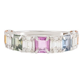 2.54 Ctw Genuine Multi Color Sapphires and Diamonds Band Ring Size 7 For Sale