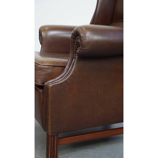 Large English Dark Brown Smooth Cow Leather Chesterfield Wing Chair For Sale - Image 13 of 14