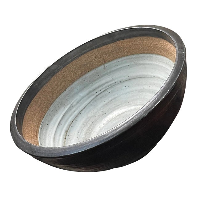Vintage Large Studio Art Minimalist Shino Glazed Stoneware Bowl, Signed For Sale