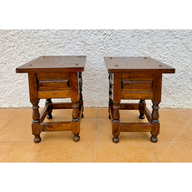 20th Century Spanish Carved Wood Bedside Tables with Floral Drawers, 1940, Set of 2 For Sale - Image 9 of 10