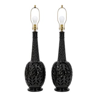 Mid 20th Century Pair of Monumental 48" Mid-Century Modern Dark Teal Reticulated Ceramic Bottle Lamps - Signed Wii 5928 For Sale