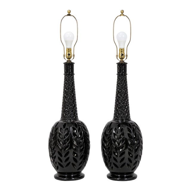 Mid 20th Century Pair of Monumental 48" Mid-Century Modern Dark Teal Reticulated Ceramic Bottle Lamps - Signed Wii 5928 For Sale