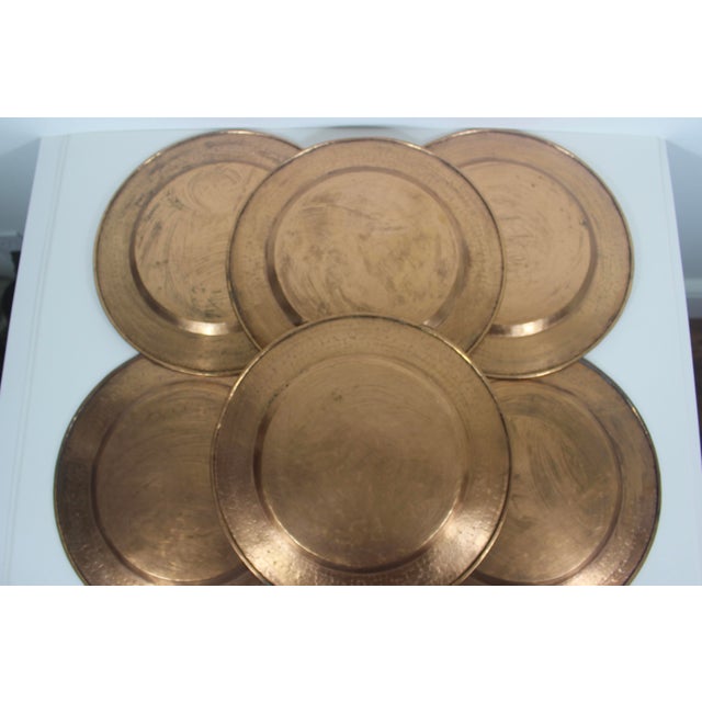Metal Vintage Hammered Copper Chargers With Patina, Set of 6 For Sale - Image 7 of 11