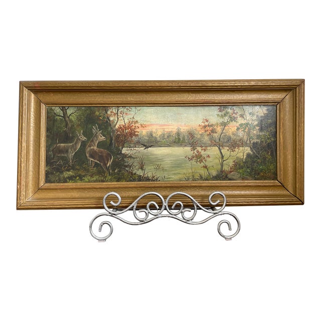 Early 19th Century Lake & Woods Landscape Oil Painting With Deer and Birds For Sale