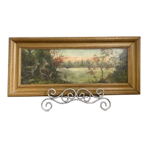 Early 19th Century Lake & Woods Landscape Oil Painting With Deer and Birds