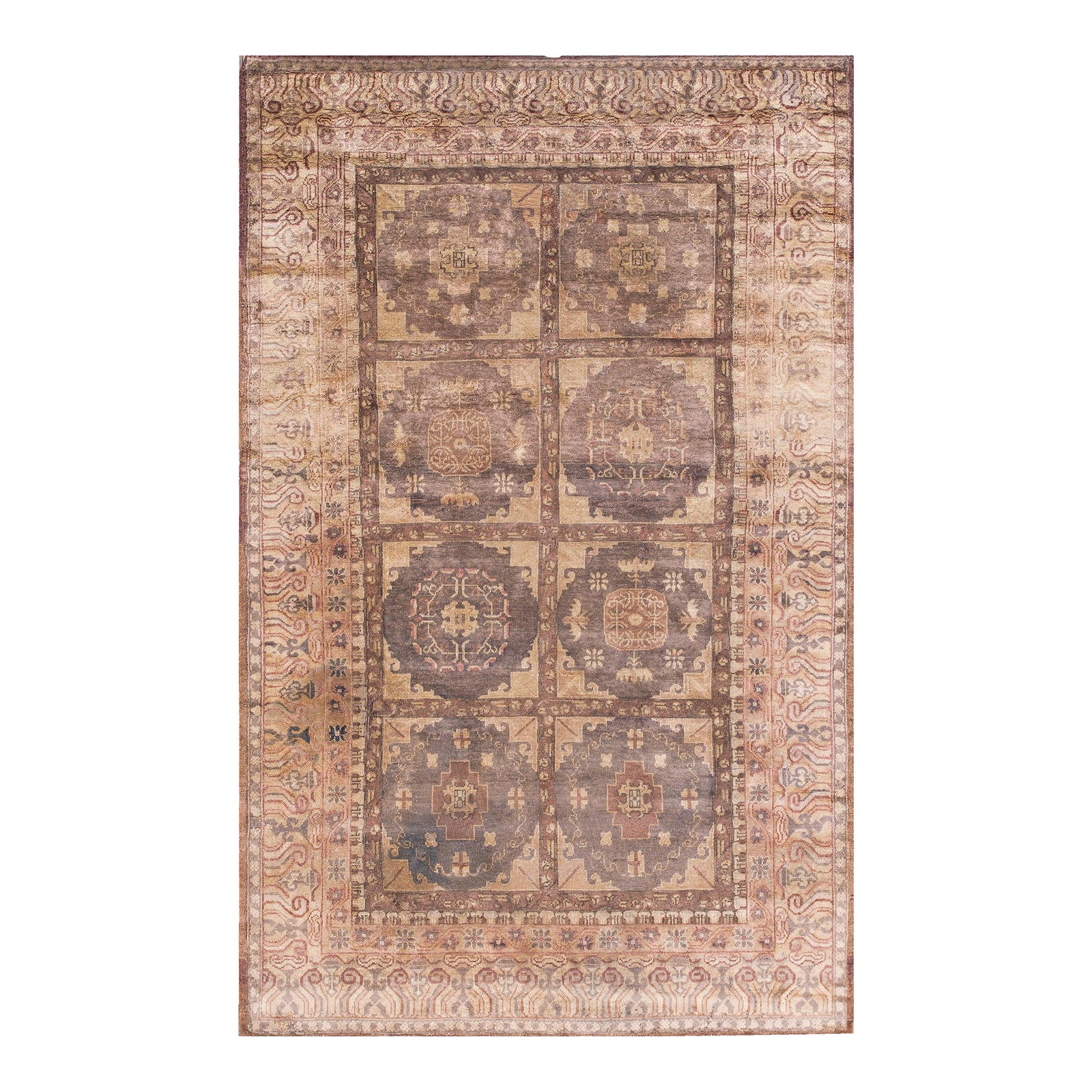 1930s Tan Camel Geometric Grid Central Asian Chinese Khotan Rug 6'3