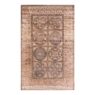 1930s Tan Camel Geometric Grid Central Asian Chinese Khotan Rug 6'3" X 10' Knotted Wool Carpet For Sale