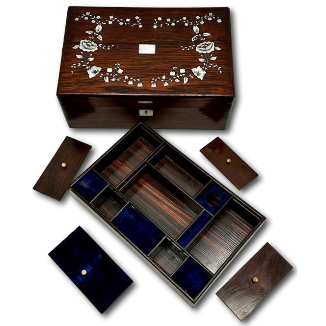Blue Outstanding Antique Victorian Rosewood Veneer Sewing Box With Fancy Abalone Seashell Inlay Flowers - Circa 1870s For Sale - Image 8 of 18