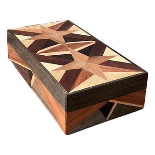 Vintage Marquetry Wooden Tan Star Box For Sale
