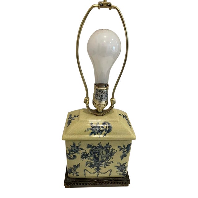 Vintage Blue & White Porcelain Lamp With Crest Motif on Brass Base, 1960s–1970s For Sale